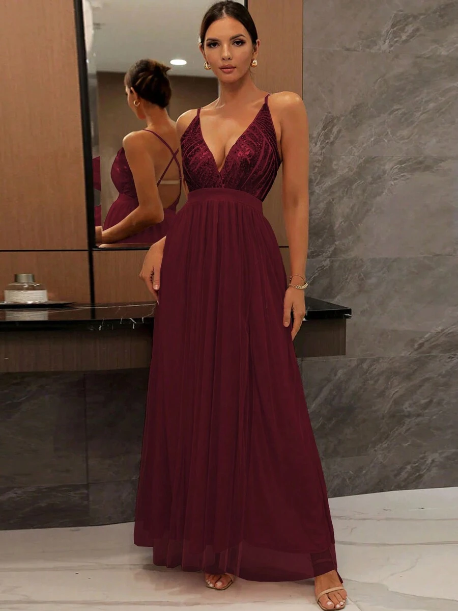 亮片吊带交叉露背透视网眼派对礼服，适合活动、派对、舞会和典礼、婚礼宾客礼服、正式礼服、晚礼服、长袍