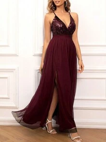 亮片吊带交叉露背透视网眼派对礼服，适合活动、派对、舞会和典礼、婚礼宾客礼服、正式礼服、晚礼服、长袍