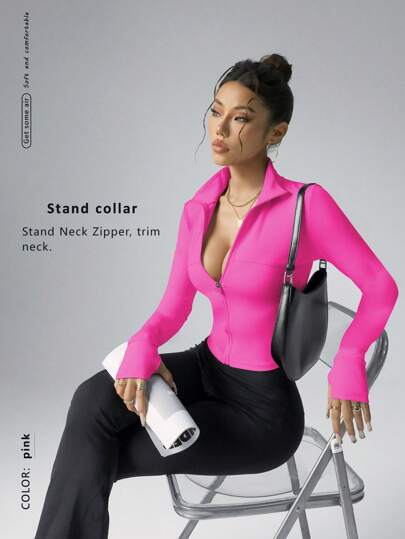 FWH Women's Fashion Yoga Outdoor Running Commuting Date Sunscreen Essential Elastic Comfortable Shaping Back Abdomen Slimming Fitness Retro High-End Street Elegant Sportswear Running Fitness Suit Zipper Elastic Simple Fashion Sexy Slim Fit Long Sleeve Yoga Jacket