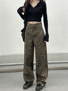 新款豹纹宽松直筒牛仔裤，复古设计休闲阔腿裤女 - 棕色 - 查看 2
