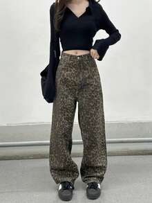 新款豹纹宽松直筒牛仔裤，复古设计休闲阔腿裤女 - 棕色 - 查看 4