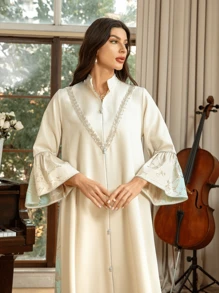 Robe dégradé jacquard style bouton mode Jalabiya arabe Dubai pour femmes - bleu abricot - Voir 4