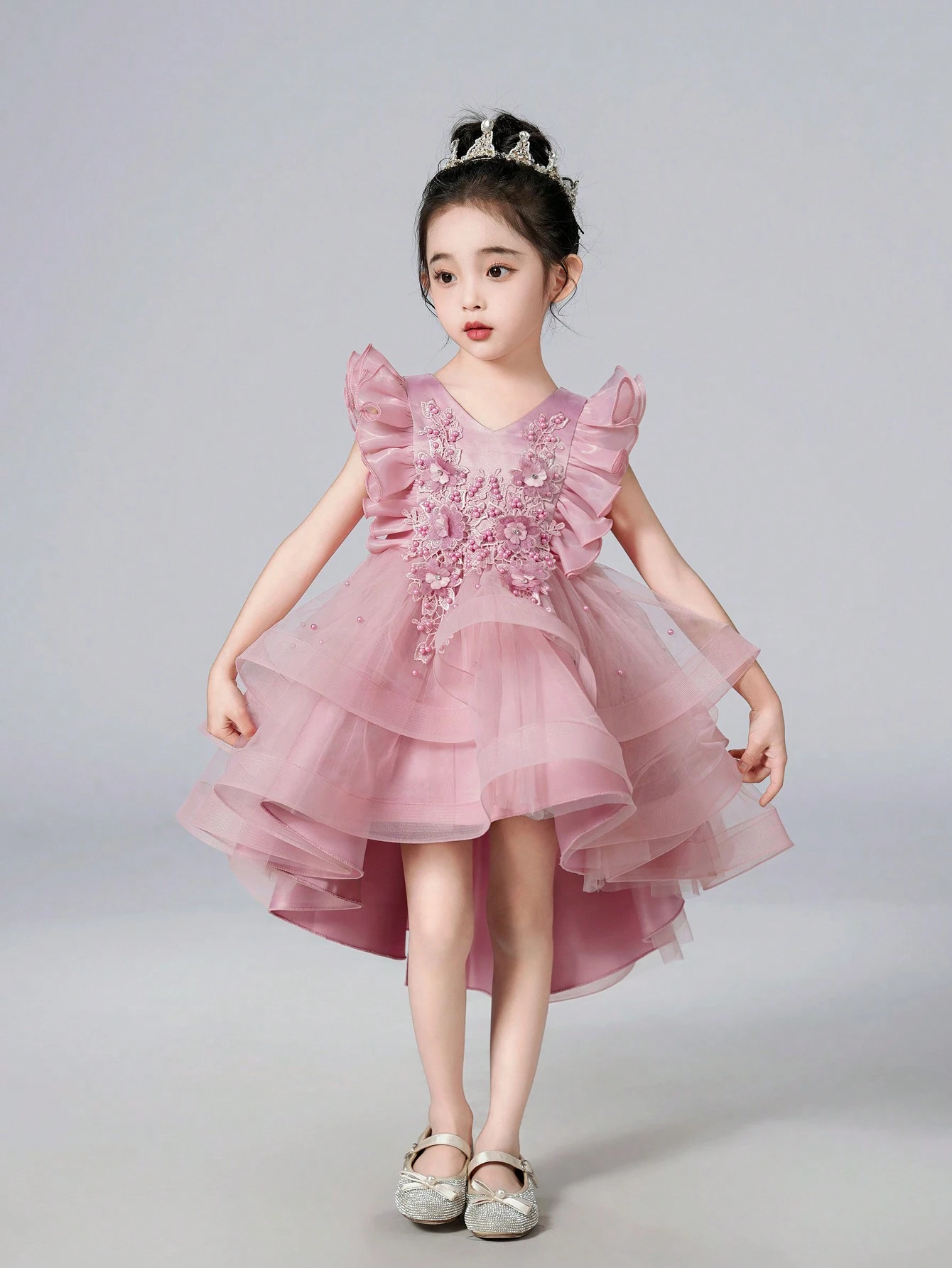 Robe de princesse mignonne et douce à ourlet volanté pour jeune fille, robe sans manches à voile brodée de fleurs pour anniversaire, fête, mariage, Noël, robe de fête pour enfants_voghion.com