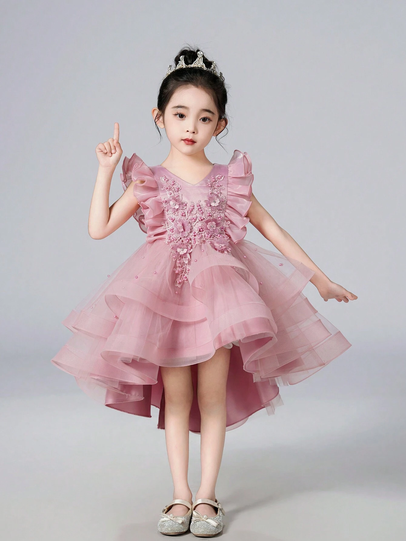 Robe de princesse mignonne et douce à ourlet volanté pour jeune fille, robe sans manches à voile brodée de fleurs pour anniversaire, fête, mariage, Noël, robe de fête pour enfants_voghion.com