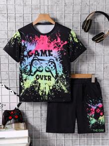 Boys Casual Silky Random Graffiti Gamepad Graphic Short Sleeve Top And Matching Side Design Shorts Set, Spring/Summer