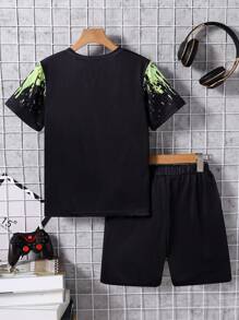 Boys Casual Silky Random Graffiti Gamepad Graphic Short Sleeve Top And Matching Side Design Shorts Set, Spring/Summer
