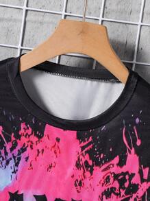 Boys Casual Silky Random Graffiti Gamepad Graphic Short Sleeve Top And Matching Side Design Shorts Set, Spring/Summer