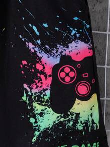 Boys Casual Silky Random Graffiti Gamepad Graphic Short Sleeve Top And Matching Side Design Shorts Set, Spring/Summer