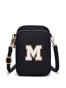 A Crossbody Bag That Can Be Customized With Your Own Name, Lucky Number, Letter, And Text, With 26 Letter Patches For Diy, A Bag That Is Classic And Versatile, With A Three-Layer Zipper Design That Can Hold Mobile Phones, Coins, Etc., Pc Casual Fashion Crossbody Walking Bag With Mobile Phone Cloth Bag Vertical Coin Purse Suitable For Girls, Travel, Back To School, Gifts Back To School Winter Gift Ideas Boy Girl Valentine's Day - Black Three-layer Gold Zipper + 5.5 White Letters - View 24