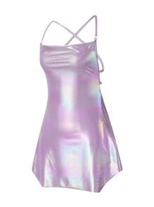 Women Shiny Spaghetti Strap Dress Solid Color Sleeveless Backless Party Dress For Cocktail Nightclub Beach - Màu tím - Xem 8