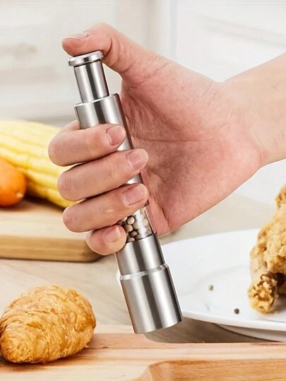 1pc Stainless Steel Manual Salt And Pepper Grinder Set, Thumb Top Dispenser, Portable Metal Spice Mill For Kitchen, No Charging, No Batteries Required