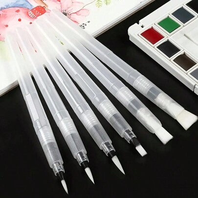 6pcs Transparent Watercolor Water-Soluble Fountain Pens, Pointed And Flat Tip, Suitable For Calligraphy And Painting Practice,Back To School,School Supplies