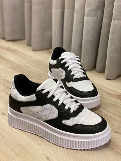 Tênis Feminino Esportivo Casual Ideal Para Academia Caminhada Confortável Promoção Preto e Branco Sneaker