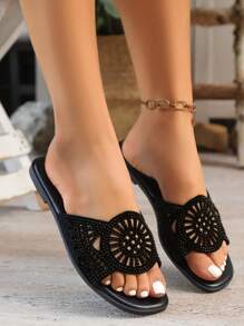 女士加大码平底凉鞋拖鞋，带水晶装饰，时尚户外装妈妈凉鞋 - 黑色 - 查看 7