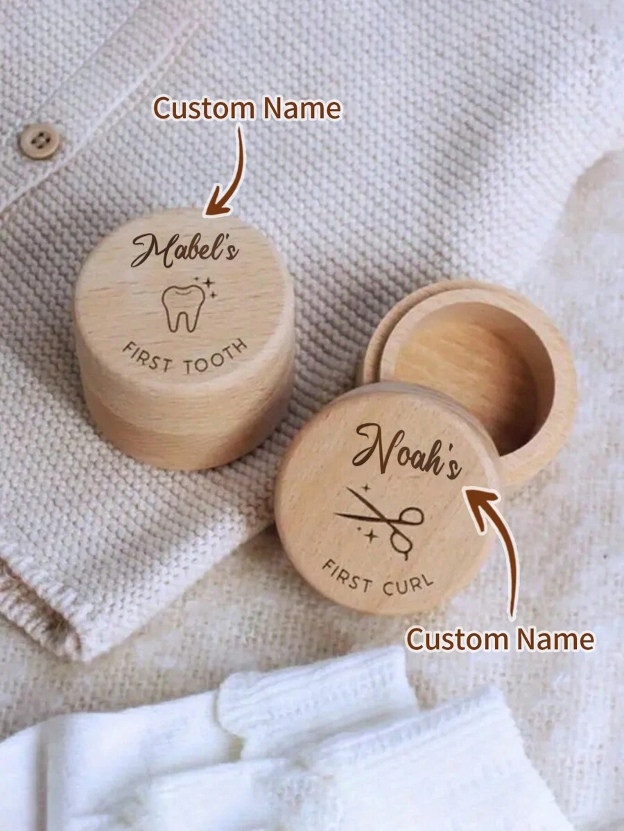 1pc Personalized Baby's First Tooth And Curl Memory Keepsake Box - Wooden Carved Decor, Suitable For Child Growth Memories, Perfect Gift For Christening, Baptism Or Birth Celebration Multi-Functional Letter, Stylish, Modern, Colorful, Cute, Adorable, Casual, Custom, Personalised, Unique, Customized, Ideal Gifts For Him, Ideal Gifts For Her Back To School