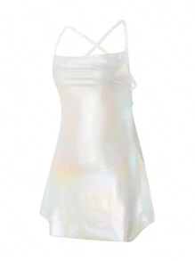 Women Shiny Spaghetti Strap Dress Solid Color Sleeveless Backless Party Dress For Cocktail Nightclub Beach - Hồng - Xem 7