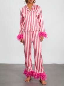 Women's 2 Piece Satin Pajama Set Long Sleeve Lapel Neck Striped Tops Elastic Waist Patchwork Feather Pants Sleepwear Outfit - Hồng - Xem 2