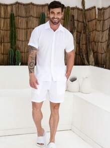 Men's Viscolinho Set With Button-Down Shirt Shorts Summer Beachwear - White - View 5