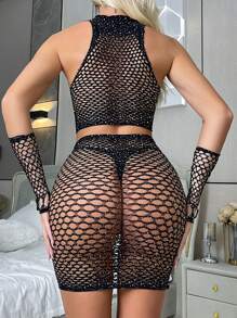 Sexy Cover-Up Top, Revealing Cut-Outs, Mesh Bodycon Lingerie Set For Intimate Occasions