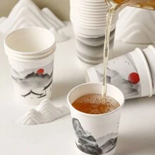 50PCS山水画不同图案纸杯加厚办公室家用商用饮料杯防滑防漏250ML适合家庭聚餐户外露营办公室一次性纸杯