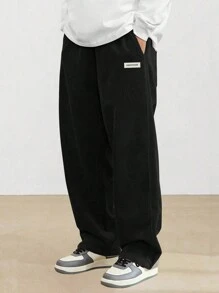 2pcs Teen Boys Loose Fit Letter Print Decorative Corduroy Straight Leg Casual Pants, Versatile Autumn/Winter