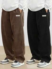 2pcs Teen Boys Loose Fit Letter Print Decorative Corduroy Straight Leg Casual Pants, Versatile Autumn/Winter