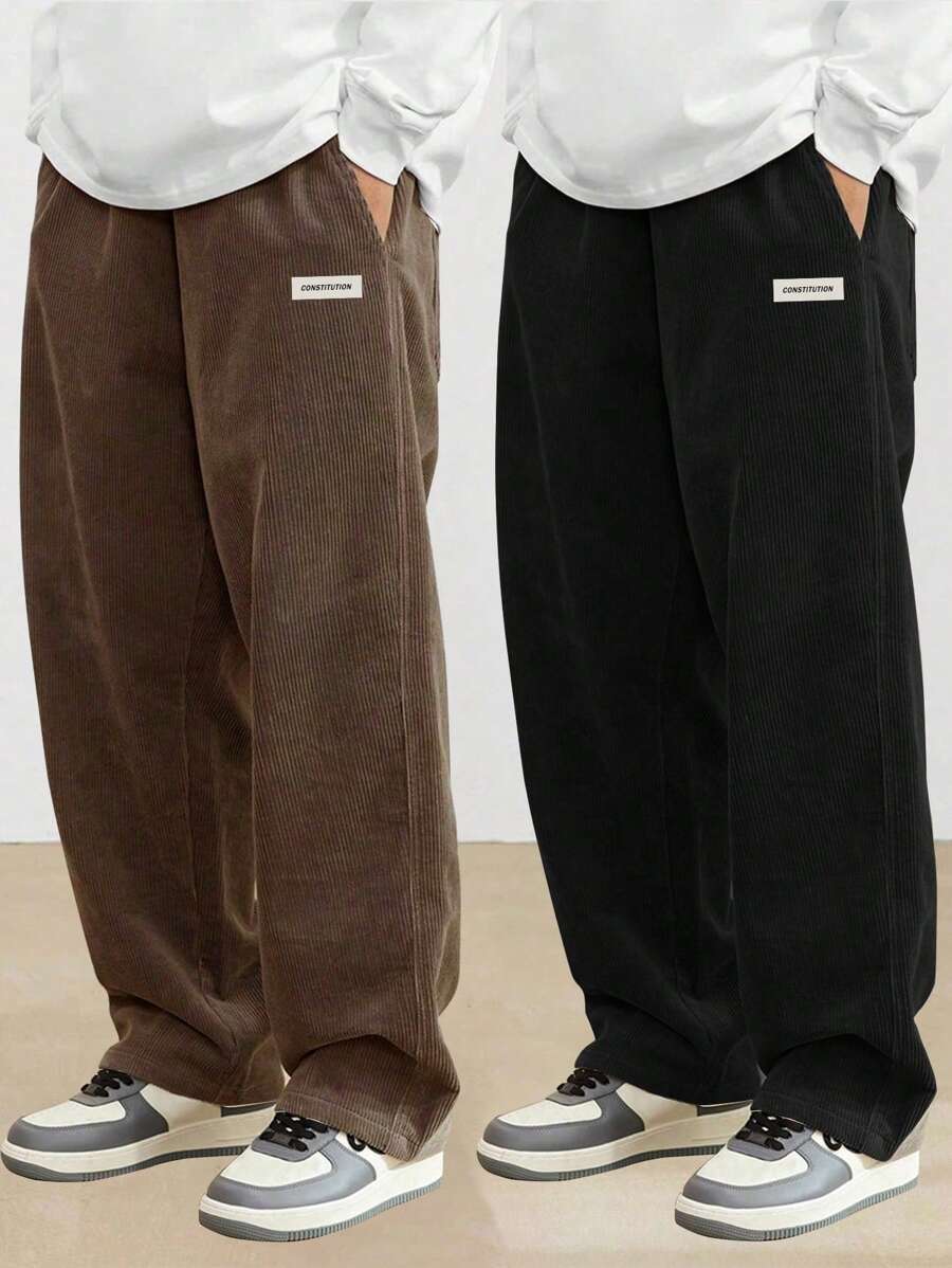 2pcs Teen Boys Loose Fit Letter Print Decorative Corduroy Straight Leg Casual Pants, Versatile Autumn/Winter
