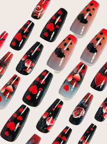 用 24 件棺材形状美甲按压指甲表达您的爱意情人节指甲可爱时尚红黑爱心红色渐变黑色假指甲优雅美丽的红玫瑰心形花束红色假指甲情人节假指甲母亲节指甲全覆盖假指甲套装适合女性和女孩包括美甲沙龙 1 件果冻凝胶和 1 个锉刀果冻凝胶随机发货美甲用品指甲