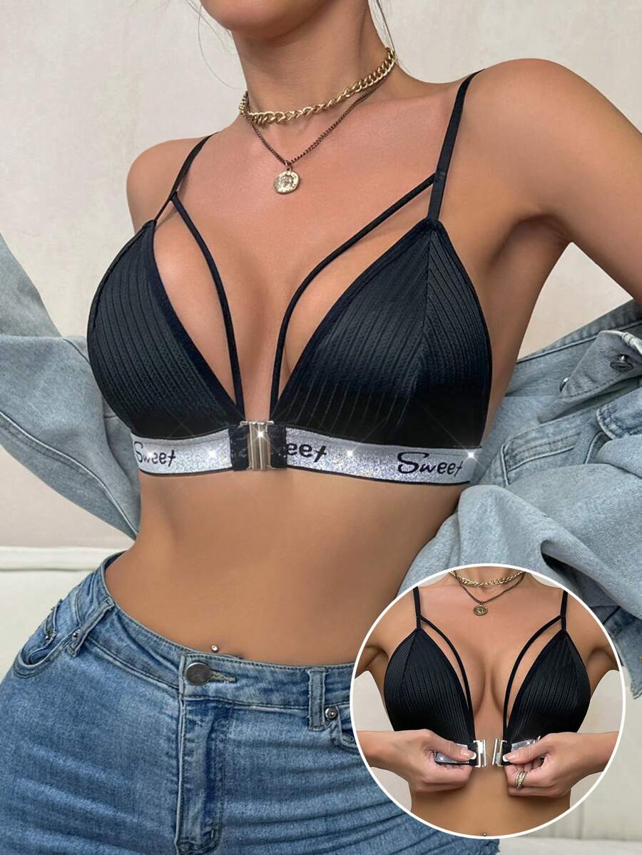 Women's Sexy Sweet Metallic Thread Front Closure Wireless Bra - Black - View 1
