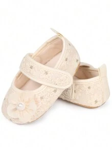 1 Pair Infant Girls 0-1 Years Old Flower Embroidered Cloth Hook-And-Loop Elegant Princess Style Non-Slip Breathable Pre-Walker Shoes, Suitable For Spring And Autumn - Apricot - View 4