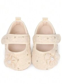 1 Pair Infant Girls 0-1 Years Old Flower Embroidered Cloth Hook-And-Loop Elegant Princess Style Non-Slip Breathable Pre-Walker Shoes, Suitable For Spring And Autumn - Apricot - View 2