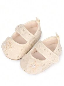 1 Pair Infant Girls 0-1 Years Old Flower Embroidered Cloth Hook-And-Loop Elegant Princess Style Non-Slip Breathable Pre-Walker Shoes, Suitable For Spring And Autumn - Apricot - View 3