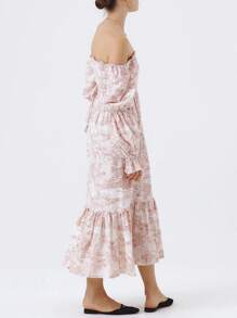 Women's Floral Maxi Dress Y2k Off Shoulder Puff Sleeve High Waist Long Dresses Summer Casual Sundress - 粉色 - 查看 9