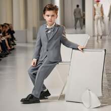 Young Boy Gray 3pcs Suit Set Blazer + Pants + Bowtie Children Birthday Party Piano Performance Wedding Catwalk Costume - Grey - View 3