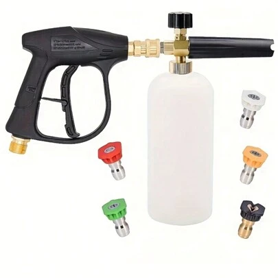 ZZPQVT 带雪花泡沫喷雾器的高压清洗枪，包括 14 英寸快速接头、5 个高压清洗喷嘴头、1 升容量、5 个高压清洗喷嘴头