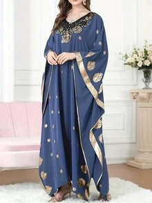 Elegant Solid-Color Turkish Lace Robe, V-Neck Long Sleeve Women Kaftan Gowns, Arabic Abaya - Navy Blue - View 3