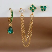 3pcs/Set, Single Ear Wear, 18K Gold Plated Copper Hoop Earrings And Stainless Steel Stud Earrings, Sparkling Butterfly Zirconia Flower Earrings, Women's Cartilage/Helix/Tragus Double Hole Chain Piercing Earrings, Girls Gift Jewelry - 3pcs Earrings Set - View 15