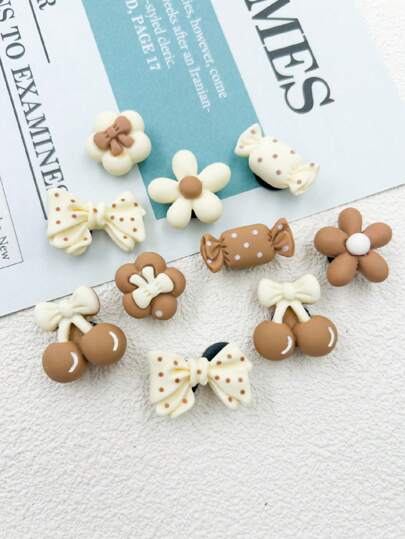 10件套卡通樱桃蝴蝶结树脂花糖果棕色树脂装饰套装，适用于休闲鞋和凉鞋，DIY鞋履配件，装饰礼品创意