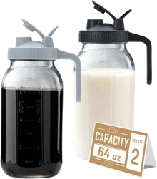 2 Sets Of 1900ml/64OZ Large Capacity Coffee Pots, Wide Mouthed Glass Chilled Water Bottles (Black And Gray Lids) - trong suốt - Xem 1