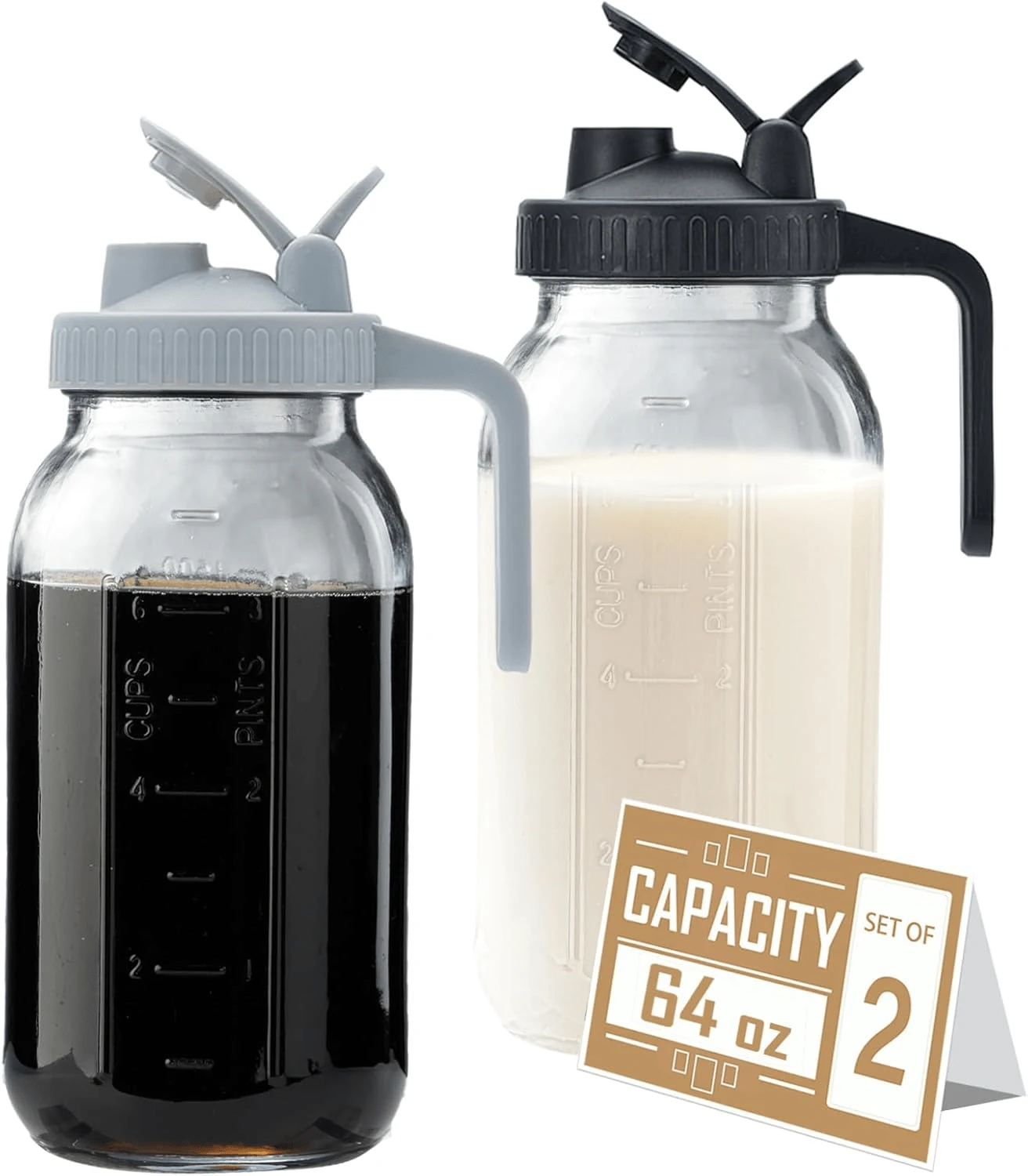 2 Sets Of 1900ml/64OZ Large Capacity Coffee Pots, Wide Mouthed Glass Chilled Water Bottles (Black And Gray Lids) - trong suốt - Xem 1