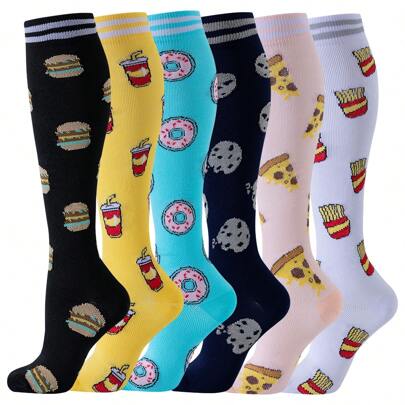 6 أزواج/مجموعة من جوارب الكعب العالي المضغوطة للنساء بطبعة الهامبرغر والكولا