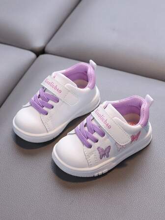 1 双女童彩色蝴蝶刺绣设计防滑运动鞋，白色户外步行鞋，适合秋冬季