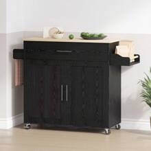 Rolling Kitchen Island Table On Wheels With Drop Leaf, Storage Cabinet, Drawer, Spice, Towel Rack, Kitchen Cart - Black - View 7
