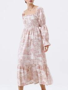 Women's Floral Maxi Dress Y2k Off Shoulder Puff Sleeve High Waist Long Dresses Summer Casual Sundress - 粉色 - 查看 5