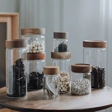 1pc High Borosilicate Glass Storage Jar With Camphor Wood Lid, Glass Food Container, Airtight Glass Jar For Candy, Cookies, Rice, Coffee Beans, Snacks, Spices, Kitchen Accessories
