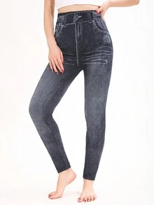 European American Fashion Simple Black Denim Effect Elastic Waist Casual Leggings Soft Comfortable Fitness Running Sports Pants Yoga Home Exercise Outdoor Walking Skinny Cropped Tights Spring - Black - View 5