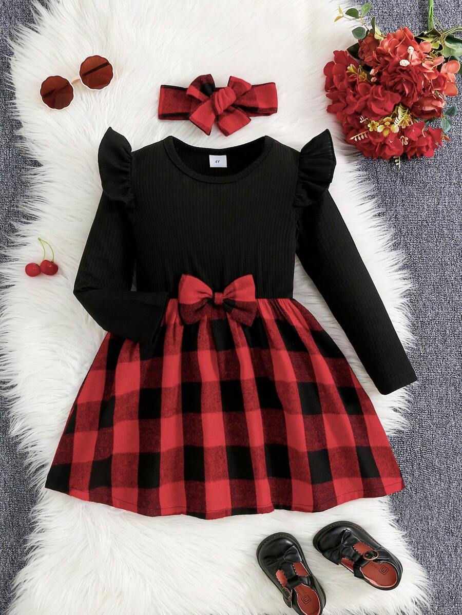 2 件装少女纯色条纹和格子图案连衣裙（带头带套装），百搭秋冬季校园风格