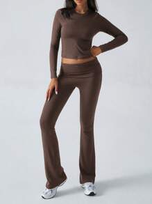 Bộ đồ hai mảnh nữ GAOVOT mùa xuân/hè phong cách Y2K thể thao năng động, thoải mái, mặc nhà hàng ngày, màu trơn, áo thun dài tay cổ tròn và quần ống loe nhẹ. - Màu nâu sẫm - Xem 7