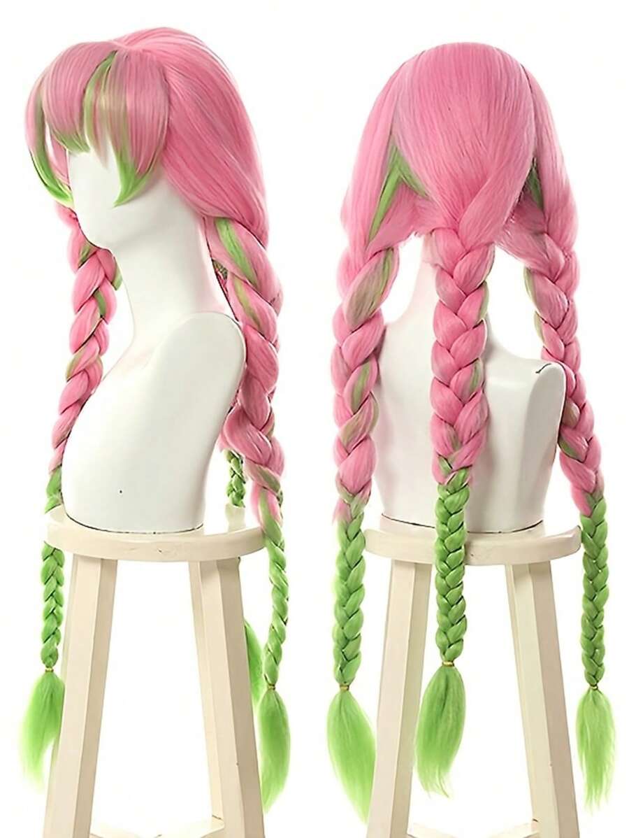 Cosplay Wig - Pink To Green Gradient, Fluffy Three-Strand Braid, Heat Resistant Synthetic Wig, Suitable For Anime Cosplay, And Party Christmas Gifts