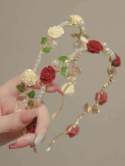 2pcs Korean Elegant Fashion Red Rose Pearl Headband & White Rose Pearl Headband, Suitable For Party